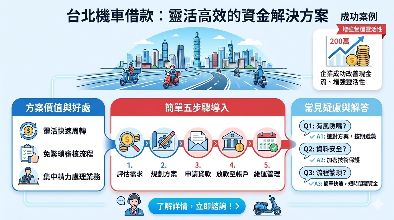 台北機車借款是一種以機車作為擔保物的貸款方案，專為需要資金周轉的個人或企業設計。這類借款方案提供靈活的貸款金額、利率與還款期限，幫助借款人快速獲得所需資金。台北機車借款不僅能夠解決短期資金需求，還能減少繁瑣的申請流程，讓企業或個人更快速進行資金運作。